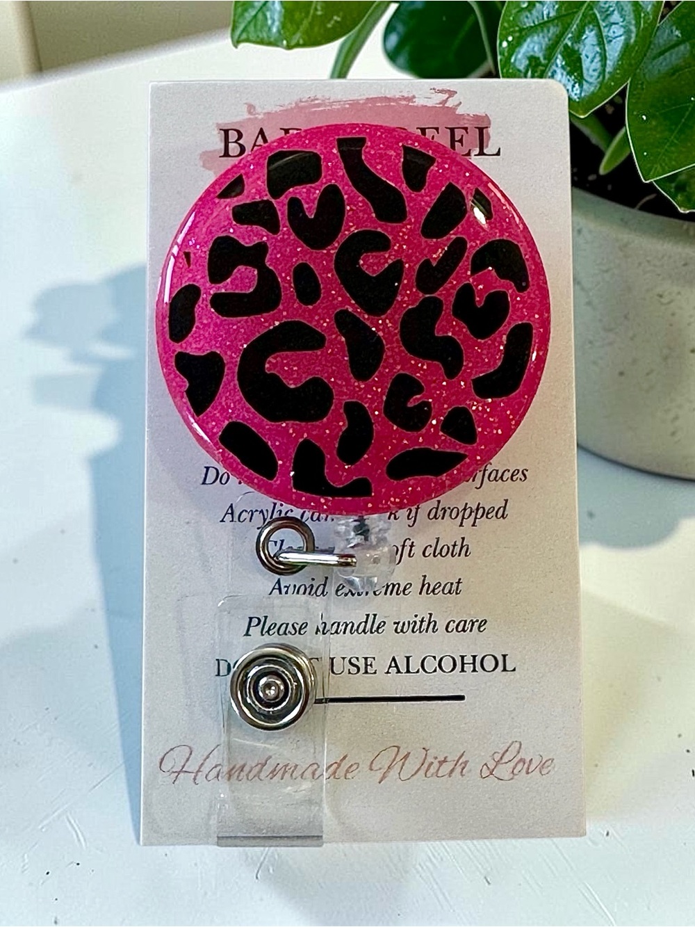 Handmade Pink Leopard Badge Reel ID Holder
